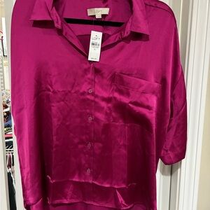 LOFT Women's Fuchsia Satin Button Down Shirt
